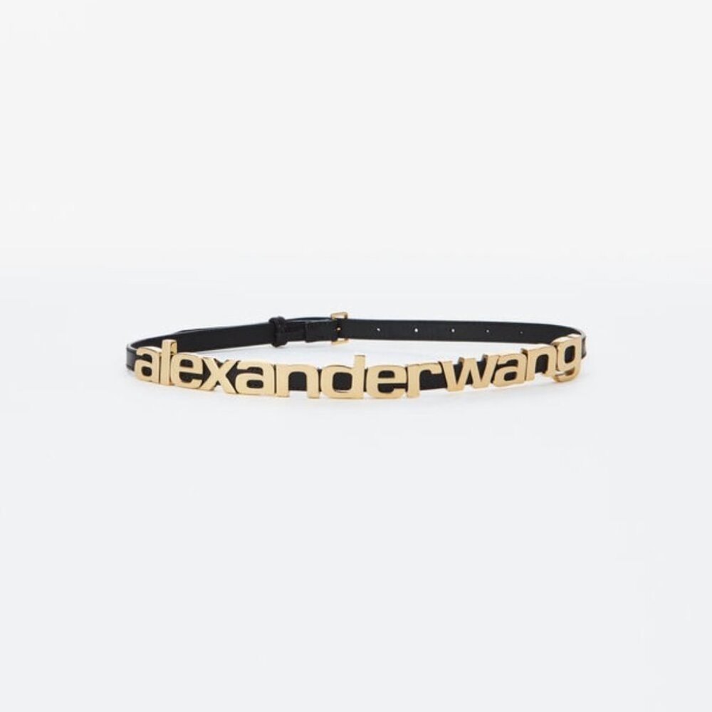 Alexander Wang Black Leather Logo Belt with Gold Lettering